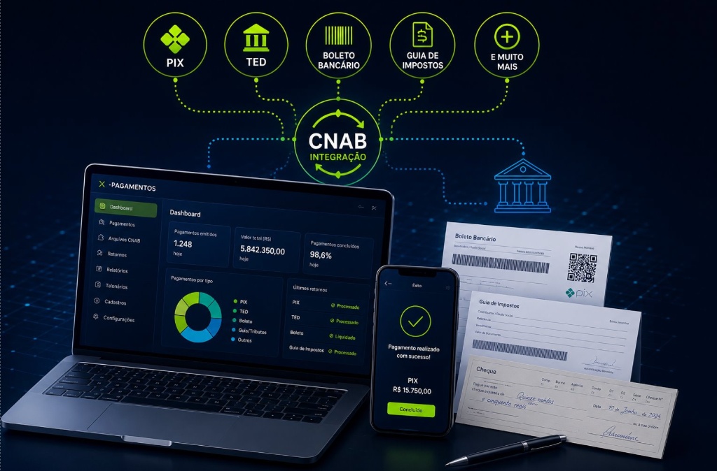 Dashboard de pagamentos XTPG com integração PIX, TED, Boleto e CNAB